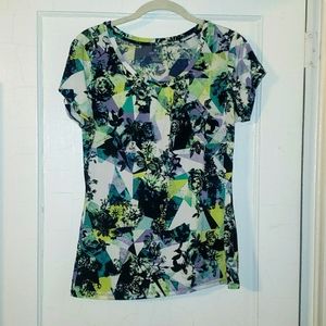 Worthington Scoop Neck Top Medium Cream, Black Green Floral Geometric Print